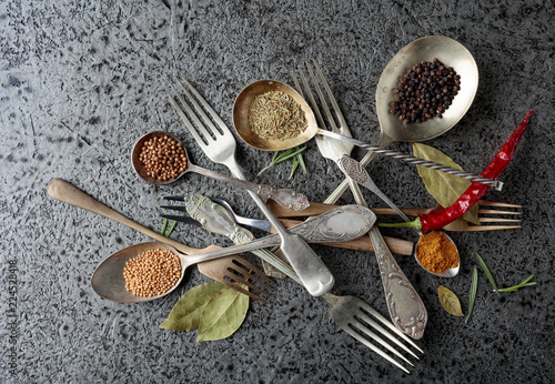 Various herbs and spices on metal table.