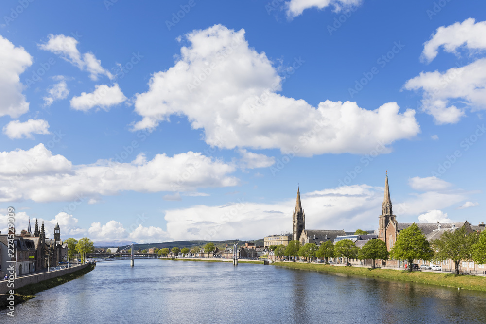 UK, Scotland, Inverness, cityscape with Greig St Bridge, Huntly Street, River Ness, Old High Church, Free Church of Scotland and Bank Street UK, Scotland, Inverness, cityscape with Greig St Bridge, Huntly Street, River Ness, Old High Church, Free Church of Scotland and Bank Street