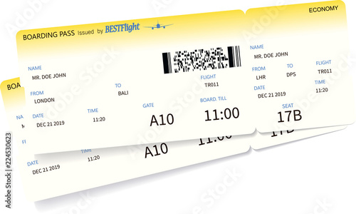 Airplane ticket template. Two yellow boarding pass coupons isolated on white background. Vector illustration