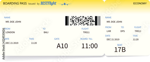 Vector yellow modern realistic airline boarding pass ticket. Travel or journey concept.