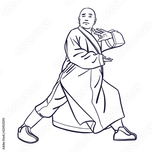  outline Chinese vector shaolin monk in black and withe in kung fu pose, wearing an orange traditional dress