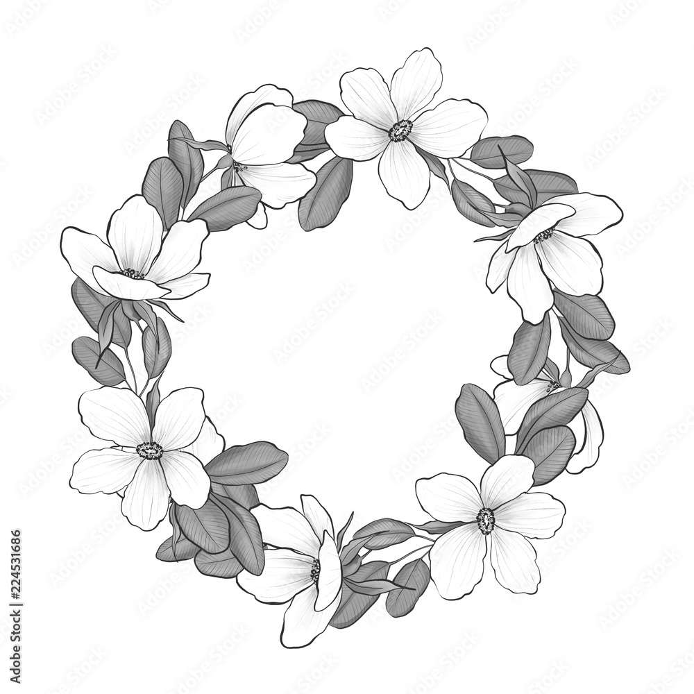 Wreathj with white flowers. Black and white frame Wreathj with white flowers. Black and white frame