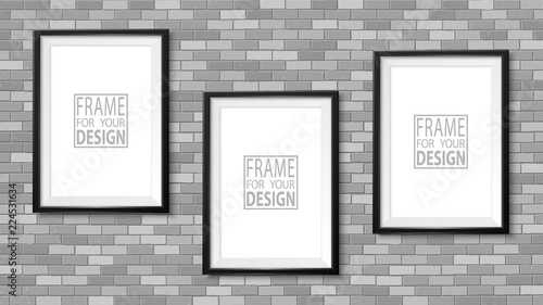 Frame on the wall. Photoframe mock up. Simple empty framing for your business design. Brick wall. Vector template for picture, painting, poster, lettering or photo gallery.