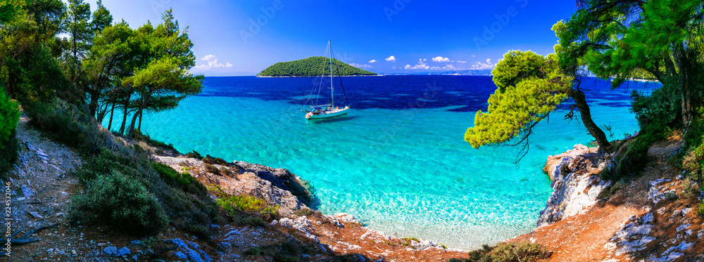 Naklejka premium Dzikie piękno i najlepsze plaże wyspy Skopelos. Plaża Kastani. Sporady, Grecja