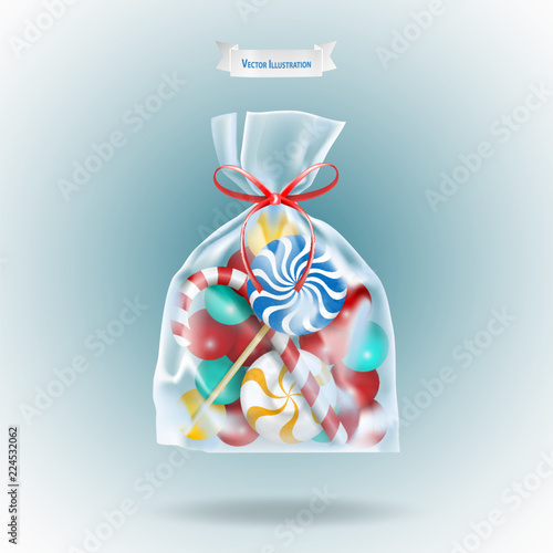 Traditional sweets candies lollipop and Candy Cane packed in a transparent sachet package with a red ribbon on blue background. Christmas or birthday gift. Realistic vector illustration