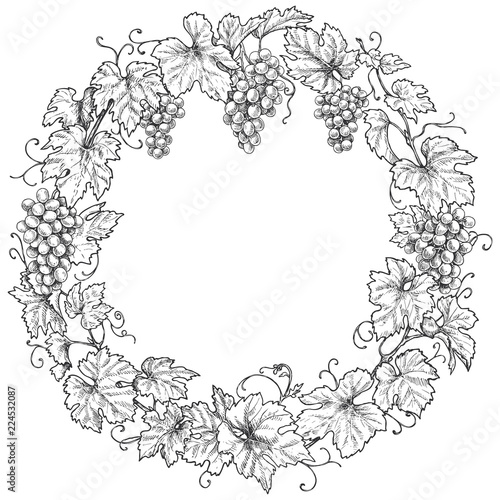 Monochrome Grape Branches Round Frame