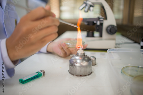 Close-up detail of a wire inoculation loop being sterilized with an alcohol burner before being used in bacterial cultures. Medicine and microbiology concept.