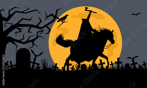 Headless man riding a horse in a cemetery