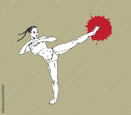Girl trains kick, kickboxer icon , hand drawn doodle, sketch black and white outline vector illustration, red target paint splash on soft brown background