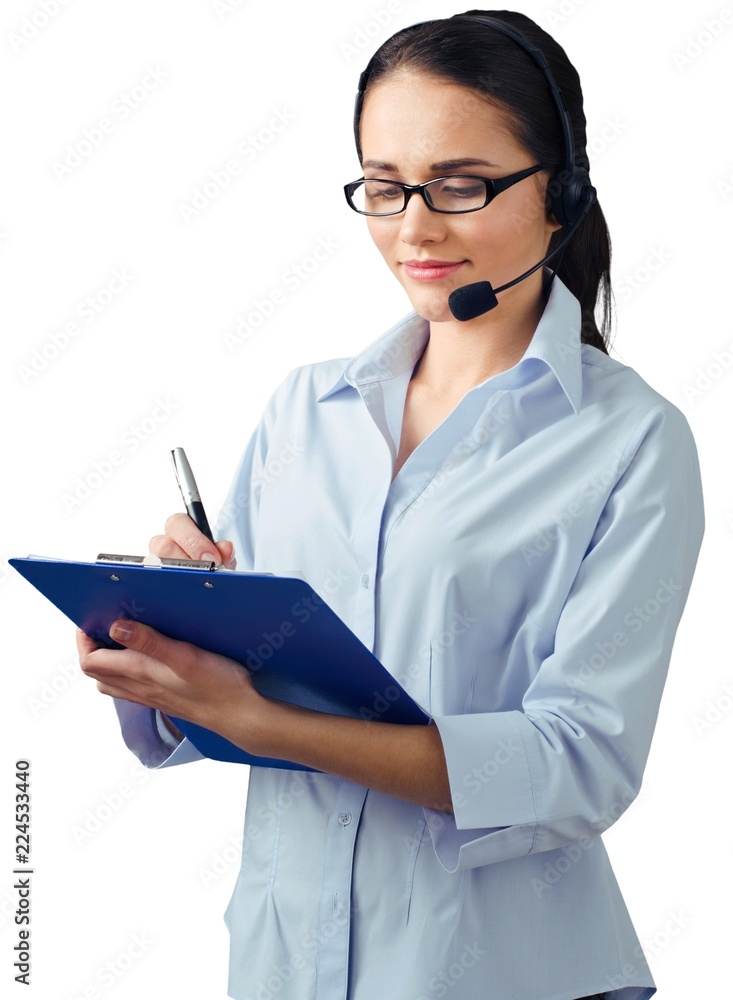 Close-up portrait of young businesswoman with headphones Close-up portrait of young businesswoman with headphones