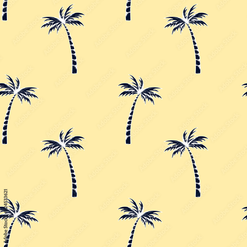 Fototapeta premium Palm tree pattern. Summer doodles. Fabric design. Tropical palms. Ocean background. Beach rest. Hand drawn effect. Surf sport. Traveling or vacation design.