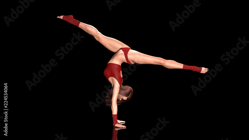 Dancing athletic woman, fit dancer girl in sports outfit doing handstand exercise on black background, 3D rendering