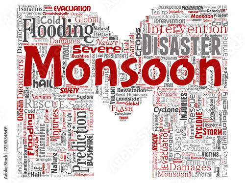 Vector conceptual monsoon dangerous weather letter font M red meteorology word cloud isolated background. Collage of tropical dramatic storm force, strong wind blowing, rain hail thunderstorm concept