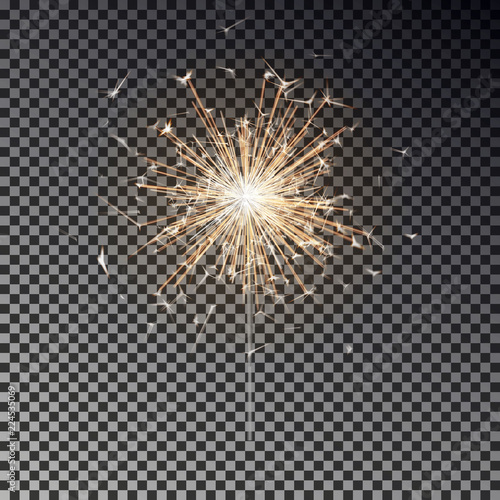 Bengal fire. New year sparkler candle isolated on transparent background. Realistic vector light eff