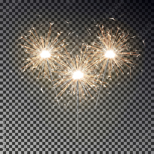 Bengal fire set. New year sparkler candle isolated on transparent background. Realistic vector light