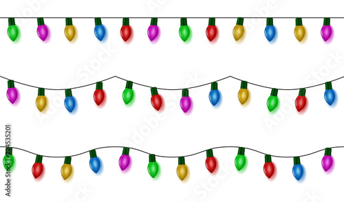 Christmas lights string vector, color garland set isolated on white. Garland balls seamless. Hanging