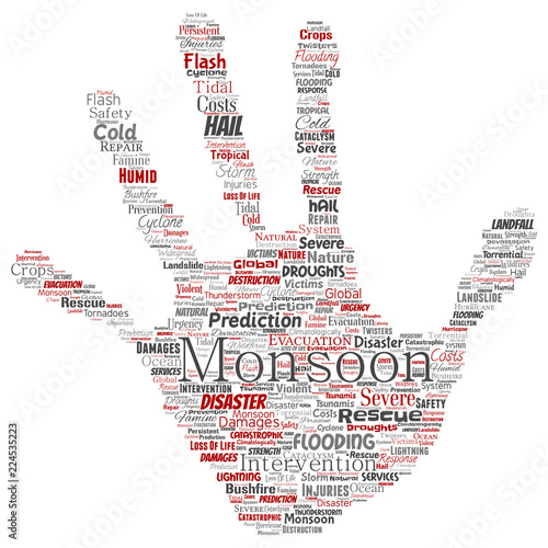 Vector conceptual monsoon dangerous weather hand print stamp meteorology word cloud isolated background. Collage of tropical dramatic storm force, strong wind blowing, rain hail thunderstorm concept