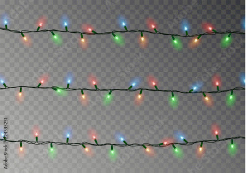 Christmas color lights string. Transparent effect decoration isolated on dark background. Realistic 