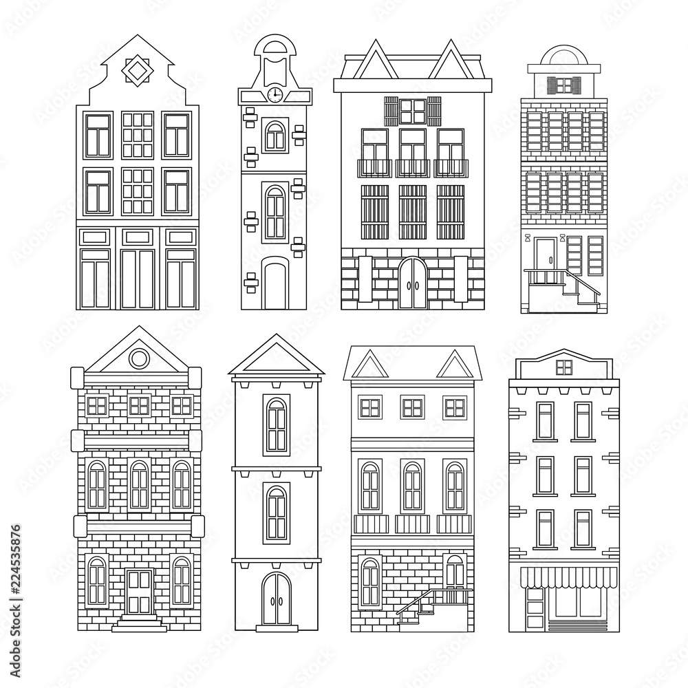 Set of european black-white old houses isolated white background. Retro style building facades. Vector illustration.