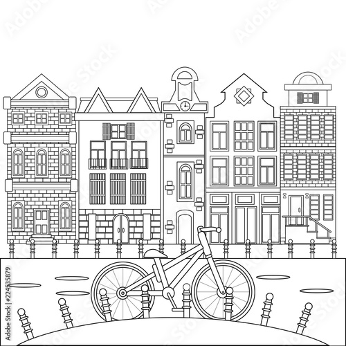 Banner old city houses  in the water in flat style, isolated white background. European retro style building facades. Travel concept. Vector illustration.