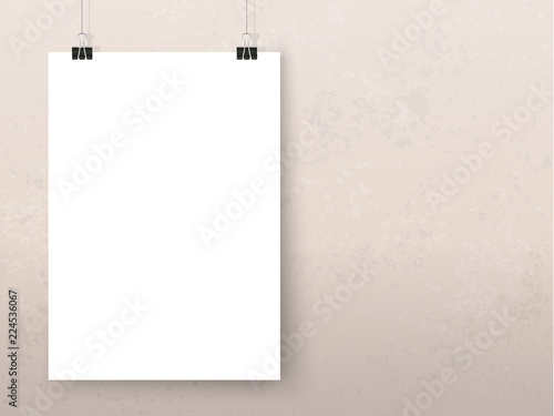 Posters on binder clips mock up blue grunge wall grunge beige