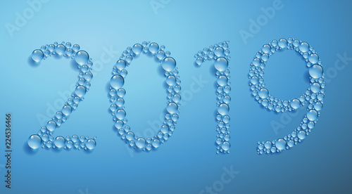 Carte de vœux 2019 écrit avec des gouttes d'eau sur un fond bleu.