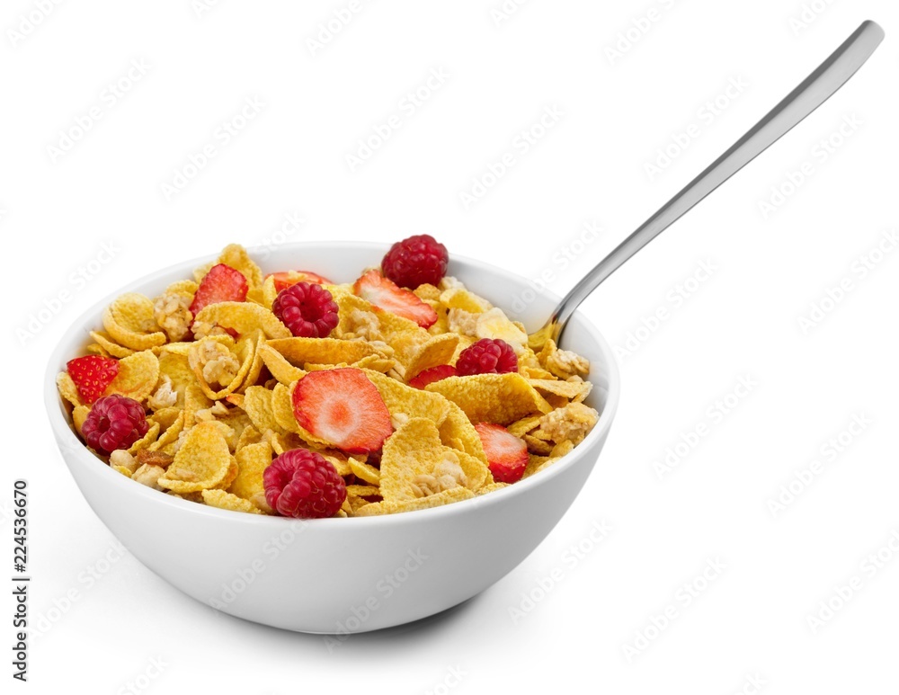 Bowl of Cornflakes with Raspberries and Strawberries Bowl of Cornflakes with Raspberries and Strawberries