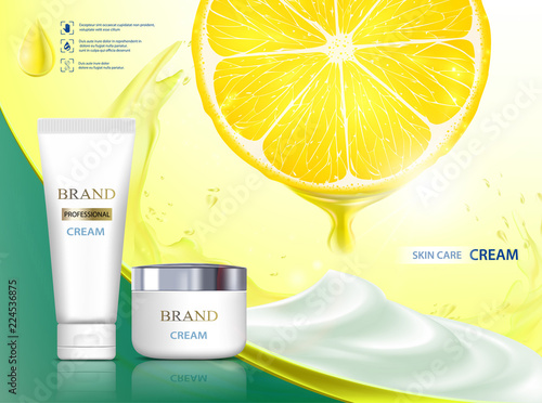 Cosmetic cream with citrus fruit lemon. Packing brand with label design.