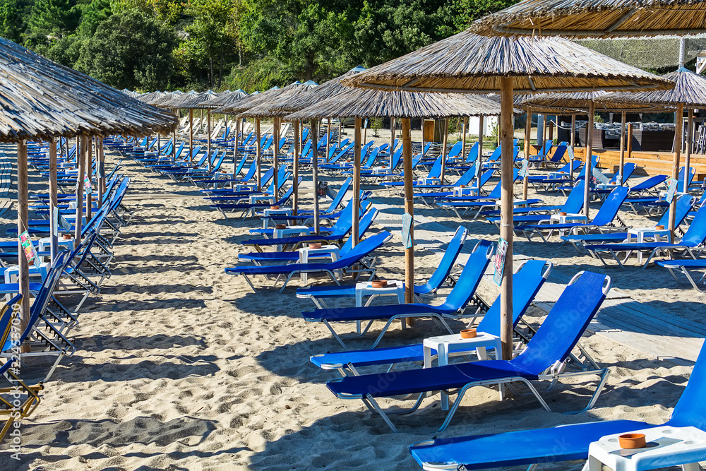 Naklejka premium Olympiada, Greece - August 11, 2018: Proti Ammoudia beach, one of the most beautiful beaches in the Aegean Sea.