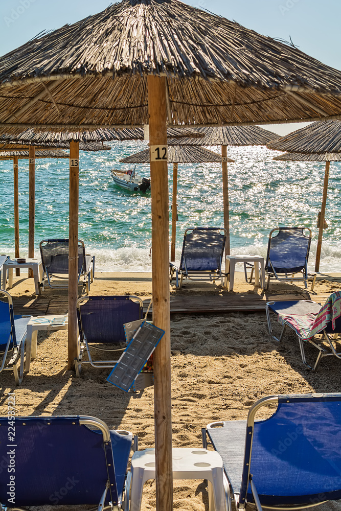 Fototapeta premium Olympiada, Greece - August 11, 2018: Proti Ammoudia beach, one of the most beautiful beaches in the Aegean Sea.