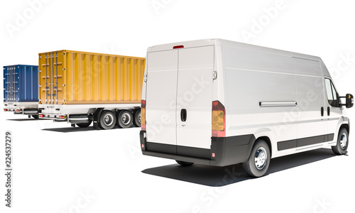 Delivery Van and Cargo Container Trucks 3d rendering