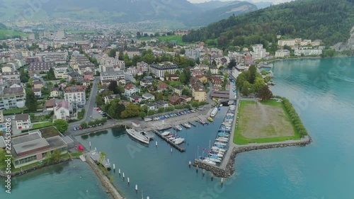 Swiss Brunnen city blue lake summer mountains Drone flight photo