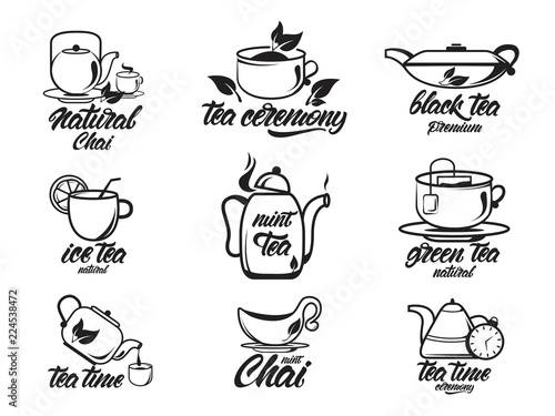 Chai, Tea set with lettering, black and white collection. Black , green , natural tea ceremony. Kettles. Vector illustration design.