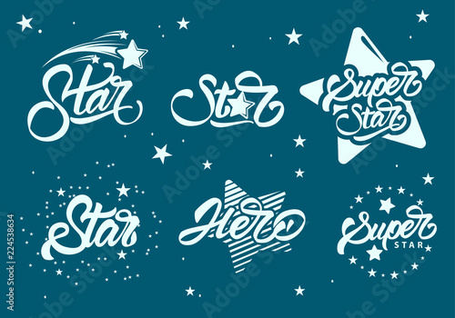 Set or collection of super stars logos with lettering. Hero. Vector illustration design.