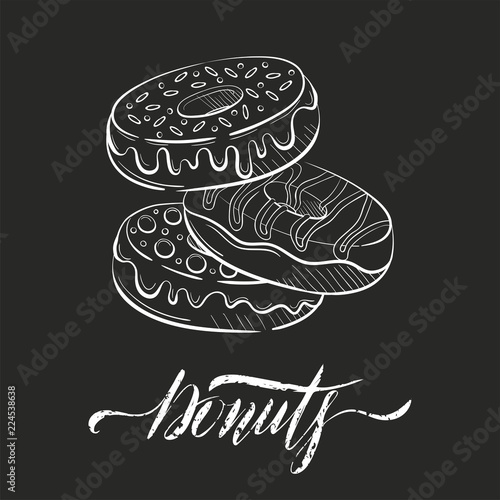 donuts with glaze and candies, cream and sweetmeats sprinkling. Sweet beautiful dessert. Clipart for a restaurant or cafe menu. Line art. Sketch style isolated on dark background
