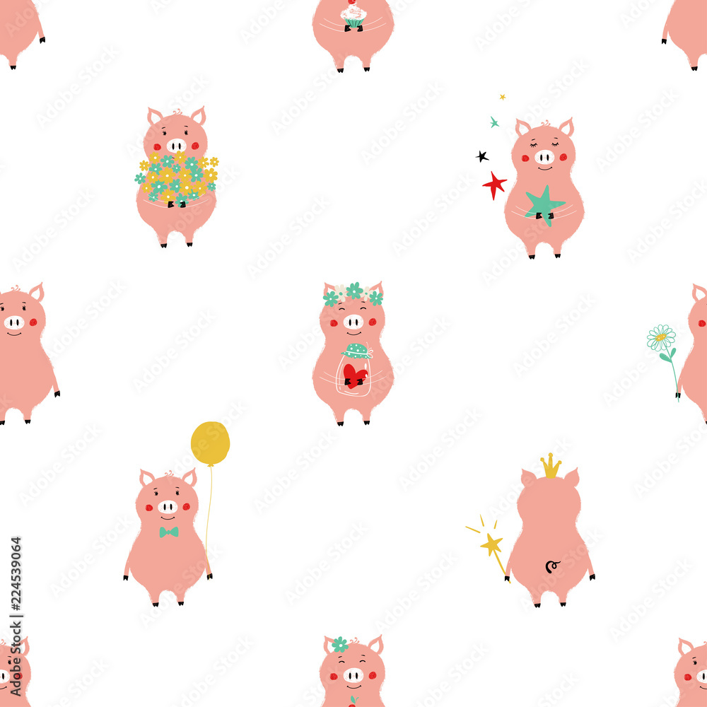 Obraz premium Seamless Pattern With Funny Piglets.