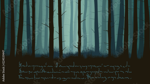 Horizontal illustration of dark misty coniferous forest.