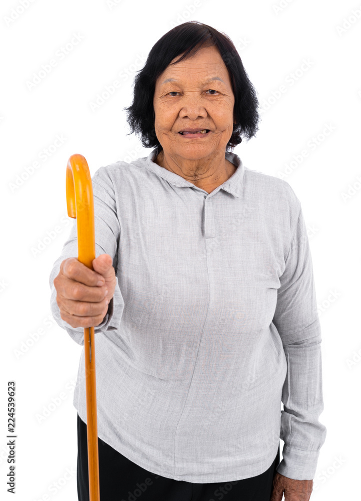 happy senior woman with a walking cane isolated on white background happy senior woman with a walking cane isolated on white background