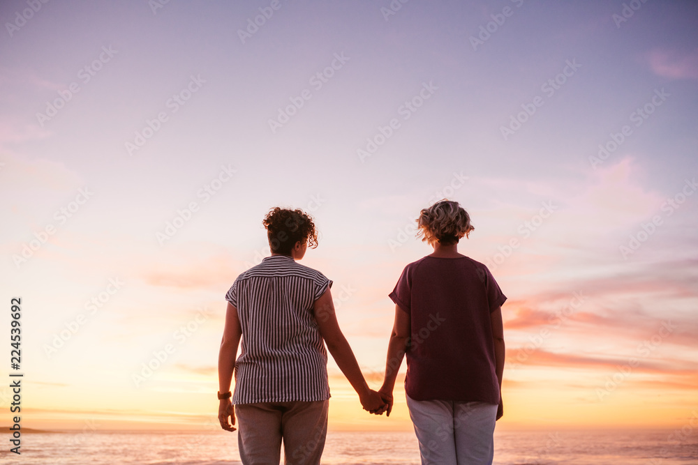 Fototapeta premium Czuły młoda para lesbijek razem oglądając kolorowy zachód słońca