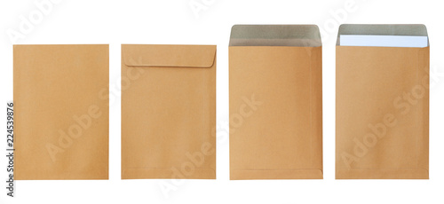 Brown envelope front and back isolated on white background. Letter top view. Object with clipping path photo