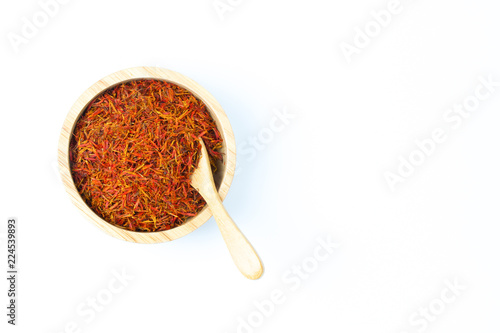 safflower tea in a bowl for reduce chloresterol on white background