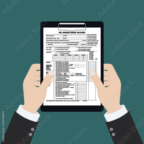 Tax form on the clipboard with magnifying glass. Unfilled minimalistic paper document. Government, State taxes. Payment day. Isolated icon.