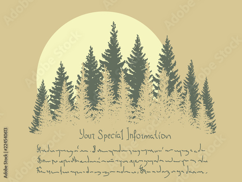 Horizontal illustration with coniferous forest and sun.
