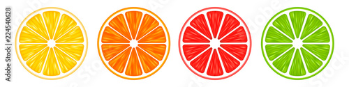 Realistic 3d Vector Illustration Set of sliced orange, grapefruit, lemon, and lime. Colourful citrus background. EPS 10.
