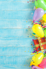 Flat lay decoration party wooden blue background top view
