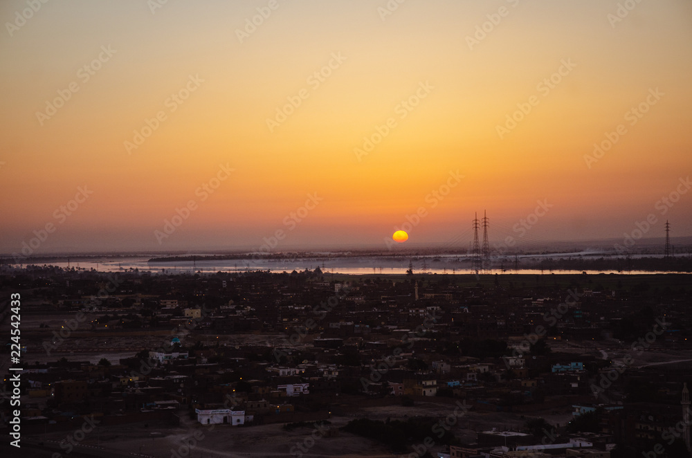 Orange Sunrise on the Nile River in Luxor, Egypt