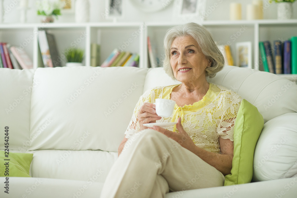 Portrait of beautiful senior woman sitting on sofa Portrait of beautiful senior woman sitting on sofa