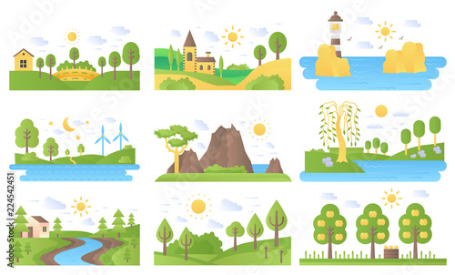 Vector mini landscapes icons set. Ecology nature and travel. Lake and river  sea and sun  mountain and lighthouse  summer forest park tree. Flat illustration collection for labels  logo or emblems.