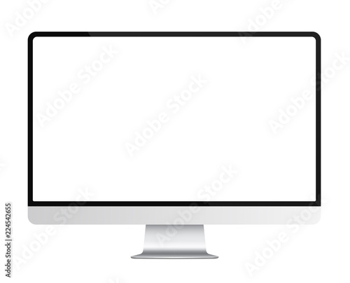 Trendy realistic thin frame silver monitor mock up with blank white screen isolated.
