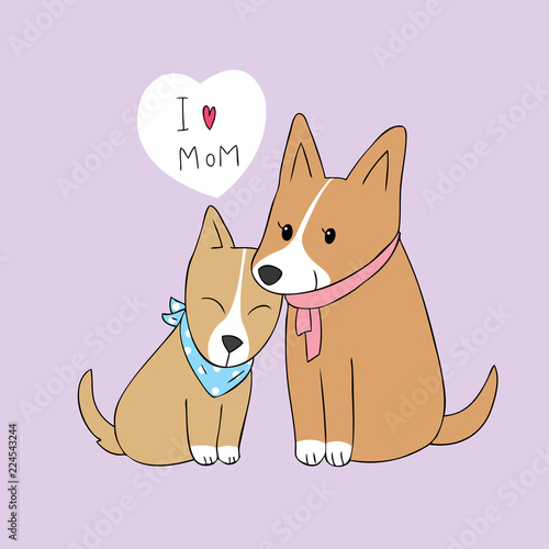 Cartoon cute mom and baby dog vector.